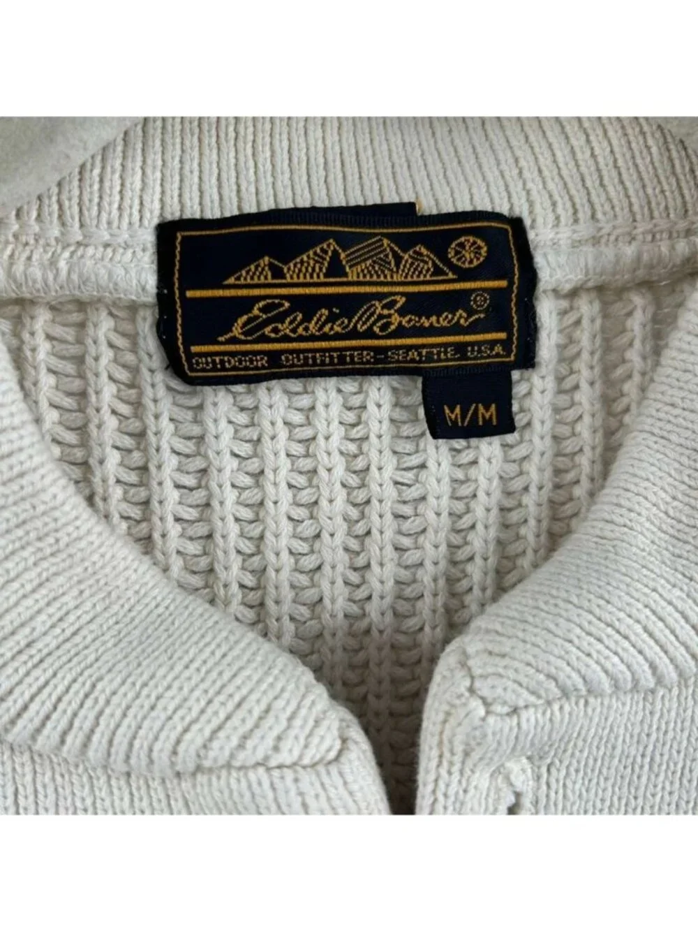 Eddie Bauer Sweater Men's Medium Beige Button Henley Knit Pullover Long Sleeve